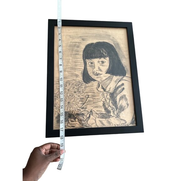 Framed Pencil Portrait Of Girl With Flowers By A. McClain 18"x12" From Frames Un - Picture 6 of 11